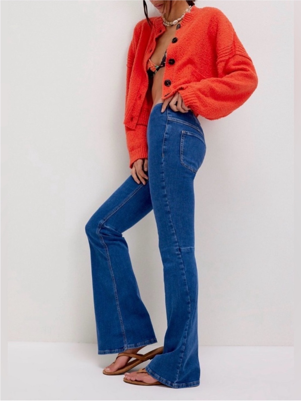 Free People We The Free Penny Pull On Flare Blue Denim Jeans 29